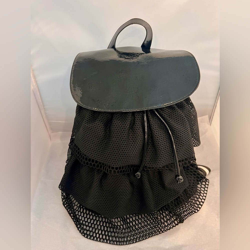 Steve Madden Little Black Dress Mesh Lace Ruffled Fashion Backpack Bag EUC